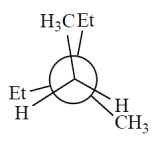 Consider the alkane, shown in a skeletal structure. Which of the Newman projections depicts one of the staggered conformations of this compound about the projected bond (arrow)  when viewed with the carbon marked with a * in the front?   ​ A)      B)      C)      D)     