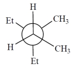 Consider the alkane, shown in a skeletal structure. Which of the Newman projections depicts one of the staggered conformations of this compound about the projected bond (arrow)  when viewed with the carbon marked with a * in the front?   ​ A)      B)      C)      D)     