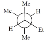 Consider the alkane, shown in a skeletal structure. Which of the Newman projections depicts one of the staggered conformations of this compound about the projected bond (arrow)  when viewed with the carbon marked with a * in the front?   ​ A)      B)      C)      D)     
