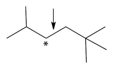 Complete a Newman projection of the most stable conformation of this compound about the bond marked with the arrow. The carbon with the asterisk should be in front. You can use group abbreviations for large groups. ​   