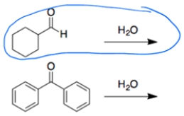 a.   In both cases, a carbonyl is treated with water to form a hydrate. In general, addition is more favorable for aldehydes than ketones. The second reaction is less favorable since the benzene rings can donate electrons by resonance to the carbonyl carbon. ​ b.   In both cases, an aldehyde reacts with water to form a hydrate. The aldehyde with the electron-withdrawing fluorines will make the carbonyl addition more favorable due to the polar effect.