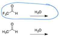 a.   In both cases, a carbonyl is treated with water to form a hydrate. In general, addition is more favorable for aldehydes than ketones. The second reaction is less favorable since the benzene rings can donate electrons by resonance to the carbonyl carbon. ​ b.   In both cases, an aldehyde reacts with water to form a hydrate. The aldehyde with the electron-withdrawing fluorines will make the carbonyl addition more favorable due to the polar effect.