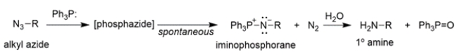 The conversion of alkyl azides into primary amines through a procedure called the Staudinger reaction is shown.    The mechanism of the first part of the reaction is conceptually similar to the Wittig reaction that we've talked about, where an ylide reacts with a carbonyl to yield an oxaphosphetane, which then rearranges to an alkene and triphenylphosphine oxide.    Provide an arrow pushing mechanism for the first part of the Staudinger reaction, the reaction of triphenylphosphine (TPP) and an alkyl azide to produce an iminophosphorane and nitrogen gas.   