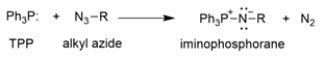 The conversion of alkyl azides into primary amines through a procedure called the Staudinger reaction is shown.    The mechanism of the first part of the reaction is conceptually similar to the Wittig reaction that we've talked about, where an ylide reacts with a carbonyl to yield an oxaphosphetane, which then rearranges to an alkene and triphenylphosphine oxide.    Provide an arrow pushing mechanism for the first part of the Staudinger reaction, the reaction of triphenylphosphine (TPP) and an alkyl azide to produce an iminophosphorane and nitrogen gas.   