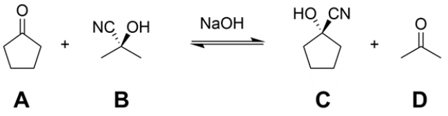 Treatment of a mixture of cyclopentanone (A) and acetone cyanohydrin (B) with a catalytic amount of base (NaOH) leads to an equilibration to form a mixture of A, B, cyclopentanone cyanohydrin (C), and acetone (D). Provide an arrow pushing mechanism for the transformation in the forward direction (A + B → C + D) as written.   