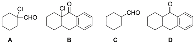 In the reaction of H<sub>2</sub>O at pH 2 with these compounds, the equilibrium would most favor the geminal dihydroxy product or hydrate for which starting material?   A)  compound A B)  compound B C)  compound C D)  compound D E)  can't tell without knowing the corresponding trend for the rates of the reactions