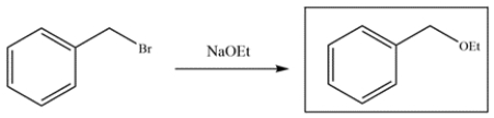 a. Bromobenzene will not react with NaOEt. Recall that vinyl halides are unreactive in either S<sub>N</sub>1 or S<sub>N</sub>2 reactions. Aryl halides can undergo nucleophilic aromatic substitution, but the benzene ring often requires an electron withdrawing group in the ortho or para position to drive the reaction. b. The starting material is benzyl bromide, so it will readily undergo S<sub>N</sub>2 substitution with ethoxide to form an ether.   ​ Since the benzyl halide is more reactive than the aryl halide, reaction b is faster.