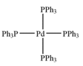 Palladium tetrakis is shown.    ​a. Identify the oxidation state of the palladium. ________________ b. Identify the d<sup>n</sup> count (that is, the value of n): ________________ electrons. c. The total electron count around the metal is ________________ electrons.