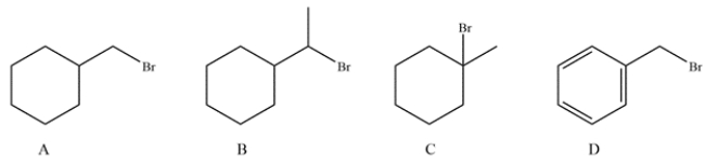  Which substrate will undergo the reaction the fastest?  \mathrm { RBr } \stackrel { \mathrm { NaOCH } _ { 3 } } { \longrightarrow } \mathrm { ROCH } _ { 3 } + \mathrm { NaBr }    A)  compound A B)  compound B C)  compound C D)  compound D 