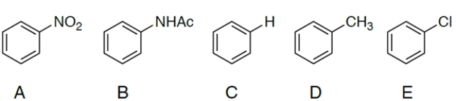 Which compound reacts slowest during nitration?   A)  compound A B)  compound B C)  compound C D)  compound D E)  compound E