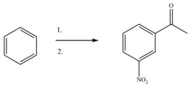 Devise a two-step synthesis to form the product from benzene. The intermediate is a substituted benzene with a <sup>1</sup>H NMR singlet at <font face= symbol ></font> 2.5 ppm. Identify the intermediate.   