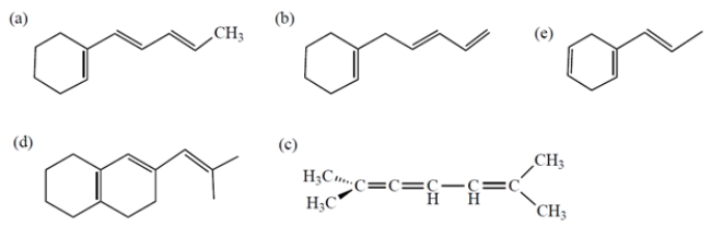 Which compound should have the greatest <font face= symbol ></font><sub>max</sub> in its UV spectrum?   A)  compound a B)  compound b C)  compound c D)  compound d E)  compound e