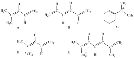 Which compound or ion has a UV/visible absorption at the greatest wavelength?   A)  compound A B)  compound B C)  compound C D)  compound D E)  compound E