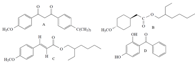All but one of these molecules are active ingredients in commercial sunscreens. Which compound does not act as a sunscreen?   A)  compound A B)  compound B C)  compound C D)  compound D
