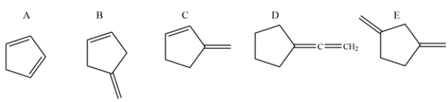 Select all structures that contain conjugated pi bonds.   A)  compound A B)  compound B C)  compound C D)  compound D E)  compound E