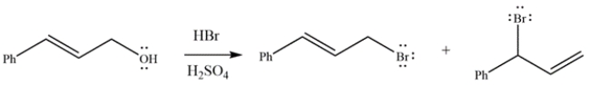 The reaction of an allylic alcohol with HBr generates the two products shown. Draw a curved arrow mechanism to explain how both products are formed.   