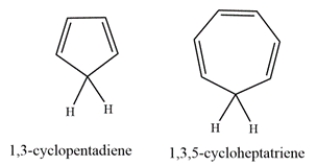 1,3-Cyclopentadiene is unusually acidic, with a pK<sub>a</sub> of ~16. On the other hand, 1,3,5-cyclohepatriene is much less acidic, with a pKa of ~36. Explain why the compounds have such differing acidities.   
