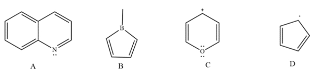 Determine whether each compound is aromatic, antiaromatic, or neither. Label each compound with the pi-electron count.   