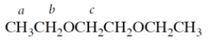 Which letter corresponds to the set of protons that experience the greatest magnetic field when a sample of the compound is placed in the probe of an NMR spectrometer?   A)  a B)  b C)  c