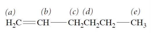 Of the protons that are labeled, which set experiences the greatest magnetic field in an NMR spectrometer?   A)  a B)  b C)  c D)  d E)  e