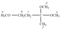 Consider the compound.    a. How many separate singlets (unsplit NMR resonances) are there in the NMR spectrum of this compound? b. The resonance that is at the highest frequency (farthest to the left) is 1. a. 2. b. 3. c. 4. d and/or e. 5. f. c. The resonance of protons c appears as 1. a singlet. 2. a doublet. 3. a triplet. 4. a very complex pattern because the protons are diastereotopic.