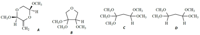 A compound X has a formula C<sub>7</sub>H<sub>16</sub>O<sub>4</sub> and the following NMR spectrum, given as chemical shift (integral, splitting, coupling constant) . <font face= symbol ></font> 1.93 (2H, t, J = 6 Hz) ; <font face= symbol ></font> 3.35 (12H, s) ; <font face= symbol ></font> 4.49 (2H, t, J = 6 Hz)  Which structure is consistent with this NMR spectrum?     A)  compound A B)  compound B C)  compound C D)  compound D E)  compound E F)  compound F G)  compound G
