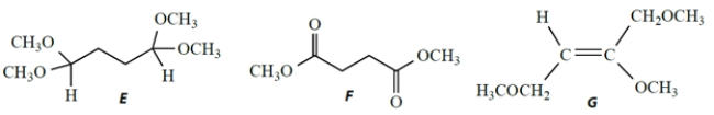 A compound X has a formula C<sub>7</sub>H<sub>16</sub>O<sub>4</sub> and the following NMR spectrum, given as chemical shift (integral, splitting, coupling constant) . <font face= symbol ></font> 1.93 (2H, t, J = 6 Hz) ; <font face= symbol ></font> 3.35 (12H, s) ; <font face= symbol ></font> 4.49 (2H, t, J = 6 Hz)  Which structure is consistent with this NMR spectrum?     A)  compound A B)  compound B C)  compound C D)  compound D E)  compound E F)  compound F G)  compound G