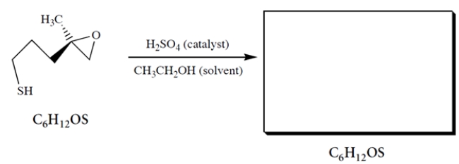 When the epoxy thiol is treated with dilute acid in ethanol solution, an isomer is formed that shows a broad stretch at 3400 cm<sup>-1</sup> in its IR spectrum. Using mechanistic reasoning with the curved-arrow notation, predict the structure of the product and its stereochemistry.   