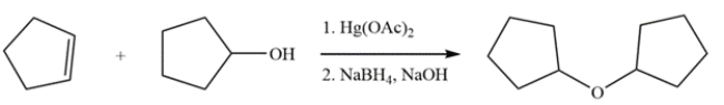 This ether can be generated by treatment of cyclopentene with cyclopentanol and Hg(OAc)<sub>2</sub>, followed by reduction with NaBH<sub>4</sub>.  