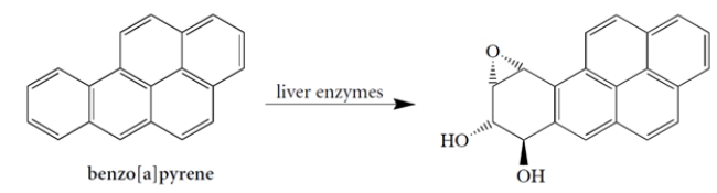Benzo[a]pyrene is a carcinogenic polyaromatic hydrocarbon found in cigarette smoke that is converted by enzymes in the body to a diol epoxide.    This diol epoxide product can react with nucleophiles on DNA and thus promote cancer. (This is one of the main reasons that cigarette smoke is carcinogenic.) The body can neutralize this toxin by reacting it with glutathione, a thiol. Representing glutathione as R-SH, show two products that might form when glutathione reacts with the diol epoxide, including their stereochemistry. Although acids and bases for this reaction are typically provided by the enzymes that catalyze this transformation, assume that -OH is the base and H<sub>2</sub>O is the acid where acids and bases are necessary.