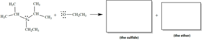 In the S<sub>N</sub>2 reaction, sulfur is the  leaving atom  in the leaving group. The products are a single sulfide (R-S-R´) and a single ether.    a. Draw the structures of the products in the appropriate boxes. b. On the reaction, draw the curved-arrow notation for this reaction.
