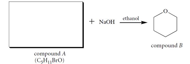 Compound A (C<sub>5</sub>H<sub>11</sub>BrO), when dissolved in ethanol containing one equivalent of NaOH, forms a product B. Identify compound A and give a two-step curved-arrow mechanism for its conversion into B. In each step of the curved-arrow mechanism identify the Brønsted acids (BA), Brønsted bases (BB), nucleophiles (N), electrophiles (E), and leaving groups (LG).   