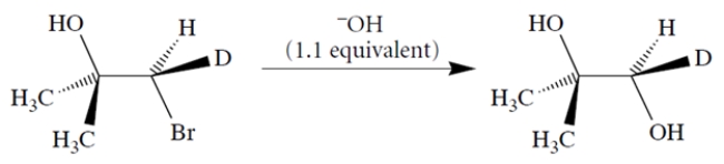 Using curved-arrow notation, propose a mechanism for the transformation that takes into account the stereochemistry of the product. (Hint: Note that two inversions of stereochemistry = one retention.)   