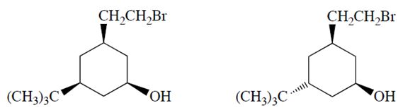 a. Only one of the two diastereomers (formula C<sub>12</sub>H<sub>23</sub>OBr) will react with NaOH to form a product X with the formula C<sub>12</sub>H<sub>22</sub>O. Identify the reactive diastereomer by circling it and labeling it with the letter A. Draw the product X in its chair conformation.    b. The other diastereomer (B) reacts more slowly but eventually forms a product Y (C<sub>12</sub>H<sub>24</sub>O<sub>2</sub>). Compound Y is not an alkene. Propose a structure for Y. c. Explain why compounds A and B react differently and explain why the formation of X from A is much faster than the formation of Y from B.