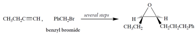 Propose a multistep synthesis for the epoxide (which will be prepared as the racemate) from 1-butyne, benzyl bromide, and any other reagents. As usual, show the reagents and the major organic product for each step.   