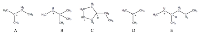 Select all the carbocations that could undergo one step of carbocation rearrangement to form a more stable carbocation.   A)  compound A B)  compound B C)  compound C D)  compound D E)  compound E