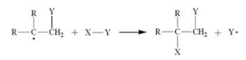  A free-radical addition of a certain compound X-Y to an alkene (R = alkyl)  results in the conversion:   The first propagation step in the mechanism is   Therefore, what is the second propagation step in the mechanism? A)      B)      C)     \mathrm { X } - \mathrm { Y } \longrightarrow \mathrm { Y } \cdot + \cdot \mathrm { X }  D)  Both (b)  and (c)  are propagation steps. E)  Both (a)  and (b)  are propagation steps. 