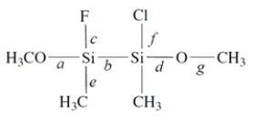 Consider this compound:    1. Of the labeled bonds, the longest bond is ________________. 2. The most polar bond is ________________. 3. The bonding geometry at the silicon atoms is ________________. 4. The hybridization of the silicon atoms is ________________.