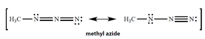 In the resonance structures for methyl azide, all unshared electron pairs are indicated. Complete the structures by adding the missing formal charges.  <div style=padding-top: 35px> 