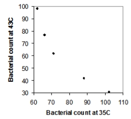  Five strains of the Staphylococcus aureus bacteria were grown for 24 hours either at 35 degrees Celsius or at 43 degrees Celsius. Here are the resulting bacterial counts for each condition:  \begin{array}{c} \begin{array}{lll} \text{24 hours at 35 degrees Celsius}\\ 66\\ 71\\ 93\\ 102\\ 62 \end{array} \begin{array}{lll} \text{24 hours at 43 degrees Celsius}\\ 98 \\ 67 \\ 42 \\ 31 \\ 77 \end{array} \end{array}  Which of the following scatterplots is a correct representation of these data? A)    B)    C)    D)    