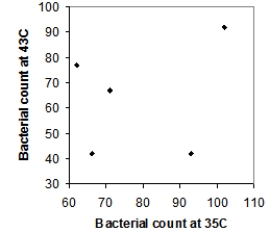  Five strains of the Staphylococcus aureus bacteria were grown for 24 hours either at 35 degrees Celsius or at 43 degrees Celsius. Here are the resulting bacterial counts for each condition:  \begin{array}{c} \begin{array}{lll} \text{24 hours at 35 degrees Celsius}\\ 66\\ 71\\ 93\\ 102\\ 62 \end{array} \begin{array}{lll} \text{24 hours at 43 degrees Celsius}\\ 98 \\ 67 \\ 42 \\ 31 \\ 77 \end{array} \end{array}  Which of the following scatterplots is a correct representation of these data? A)    B)    C)    D)    