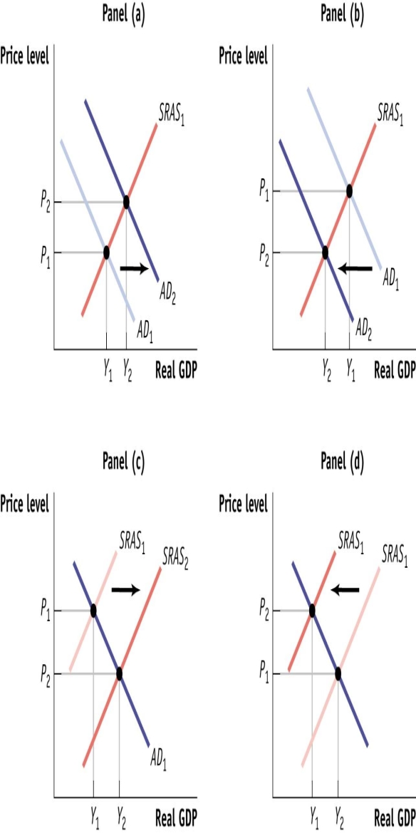 (Figure: Shifts of the AD-AS Curves)  Use Figure: Shifts of the AD-AS Curves. A short-run decrease in investment spending is illustrated by panel:   A) (a)  B) (a) . C) (b) . D) (b)  E) (c) . F) (c)  G) (d)  H) (d) .