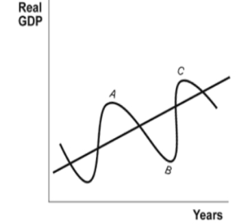 (Figure: The Business Cycle)    The movement from point B to point C is called a(n) : A) trough B) trough. C) expansion D) expansion. E) depression F) depression. G) peak H) peak.