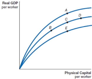Consider the production functions shown here, which show the output of a bakery over time. Suppose that the bakery institutes robotic baking, which greatly increases efficiency and productivity. Which of the movements reflects this scenario?   A) B to C B) D to C C) A to C D) E to C