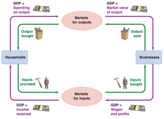 Refer to the diagram of the circular flow of income. The key lessons from this diagram are that: (i)  all flows of resources are matched by flows of money. (ii)  the market value of total output must be equal to total spending. (iii)  total spending must equal total income. (iv)  all inputs are provided by businesses.   A) (i)  and (iv)  B) (ii)  and (iii)  C) (i) , (ii) , and (iii)  D) (i) , (ii) , (iii) , and (iv) 