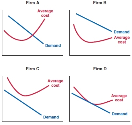 <strong>(Figure: Demand and Average Cost Curves) Which of the following diagrams represents the demand and average cost curves of a firm in the long run, given free entry and exit? </strong> A)Firm A B)Firm B C)Firm C D)Firm D