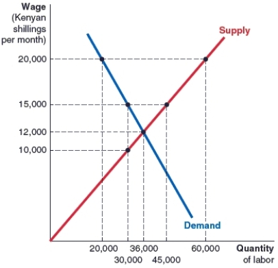 (Figure: Kenyan Labor Market)  The labor market begins in equilibrium. Then, the government of Kenya implements a minimum wage of 15,000 Kenyan shillings per month. After the implementation of the minimum wage, the number of workers hired _____ people.   A) falls by 10,000 B) falls by 6,000 C) rises by 9,000 D) rises by 10,000