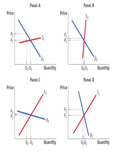 (Figure: The Incidence of Tax and Elasticities)  Use Figure: The Incidence of Tax and Elasticities. Each panel below shows the application of a tax that raises the price from P1 to P2. When a good or service is characterized by a relatively elastic demand, as shown in panel _____, the greater share of the burden of a tax on it is borne by _____.   A) D; buyers B) D; sellers C) C; sellers D) C; buyers