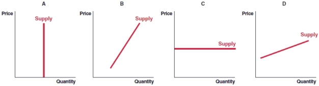 (Figure: Supply Curves)  The figure shows four different supply curves for four products: A, B, C and D. Which of the products has an inelastic, but not perfectly inelastic supply curve?   A) product A B) product B C) product C D) product D