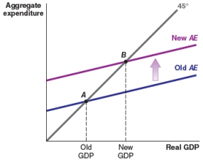 <strong>Which of the following figures shows the impact of increased consumer pessimism on the aggregate expenditure function?</strong> A) B) C) D)